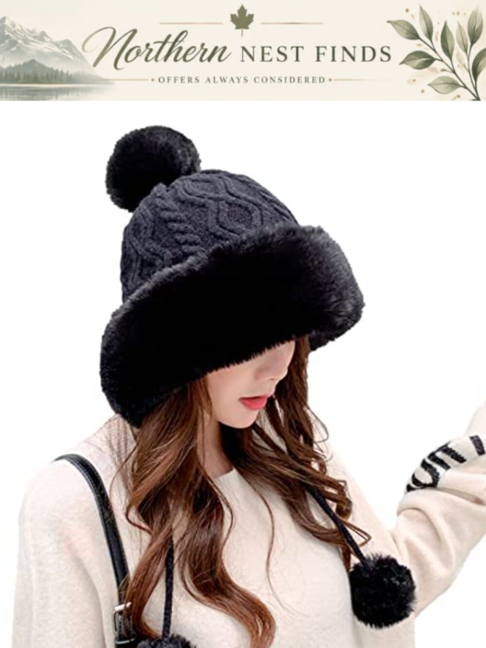 Women Winter Knitted Beanie Faux Fur Fleece Lined Pom Pom Ski Hat